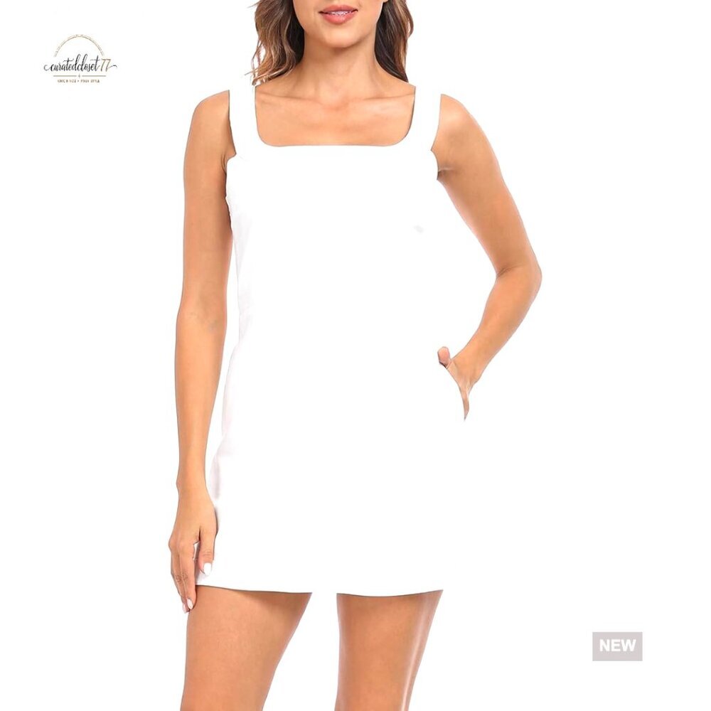 Linen Blend Mini Dress with Pockets Adjustable Straps Summer Casual